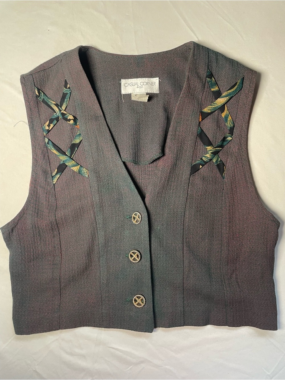90s Vintage Women's Casual Corner Cropped Vest Green/Burgandy Small Size 5-6